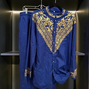 Men's African Dashiki 2 Pc Set Royal Blue Gold Print XL 100% Cotton Shirt Pants